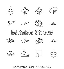 Set of Plane vector line icon. It contains symbols to aircraft, globe and more. Editable Stroke. 32x32 pixels.