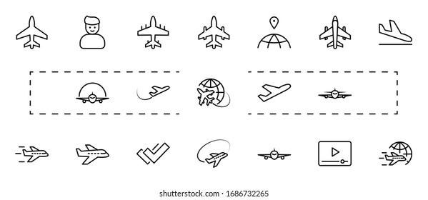 Set of Plane vector line icon. It contains symbols to aircraft, globe and more. Editable Stroke. 32x32 pixels.