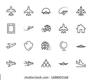 Set of Plane vector line icon. It contains symbols to aircraft, globe and more. Editable Stroke. 32x32 pixels.