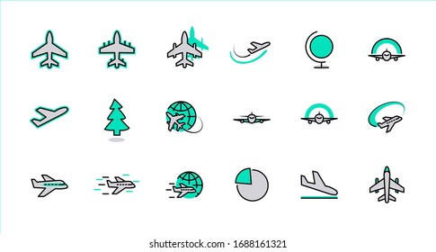 Set of Plane vector line icon. It contains symbols to aircraft, globe and more. Editable Stroke. 32x32 pixels.