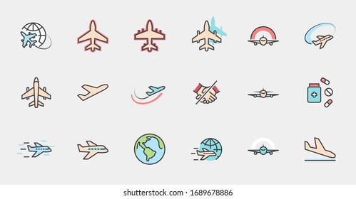 Set of Plane vector line icon. It contains symbols to aircraft, globe and more. Editable Stroke. 32x32 pixels.