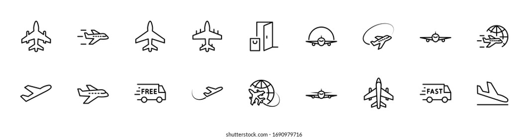 Set of Plane vector line icon. It contains symbols to aircraft, globe and more. Editable Stroke. 32x32 pixels.