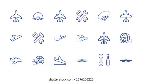 Set of Plane vector line icon. It contains symbols to aircraft, globe and more. Editable Stroke. 32x32 pixels.