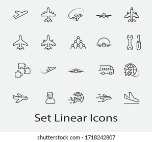 Set of Plane vector line icon. It contains symbols to aircraft, globe and more. Editable Stroke. 32x32 pixels.
