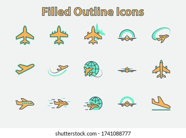 Conjunto de icono de línea vectorial Plano. Contiene símbolos para aviones, globo terráqueo y más. Stroke editable. 32x32 píxeles.
