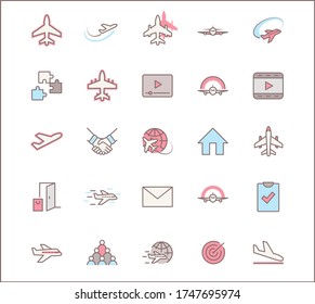 Conjunto de icono de línea vectorial Plano. Contiene símbolos para aviones, globo terráqueo y más. Stroke editable. 32x32 píxeles.