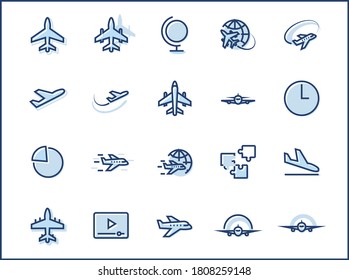 Set of Plane vector line icon. It contains symbols to aircraft, globe and more. Editable Stroke. 32x32 pixels.