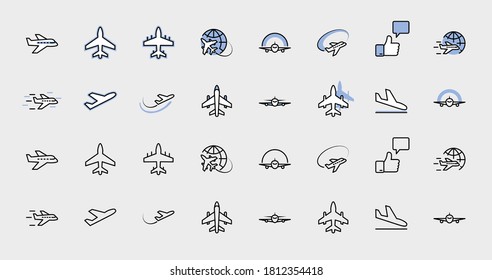 Set of Plane vector line icon. It contains symbols to aircraft, globe and more. Editable Stroke. 32x32 pixels.