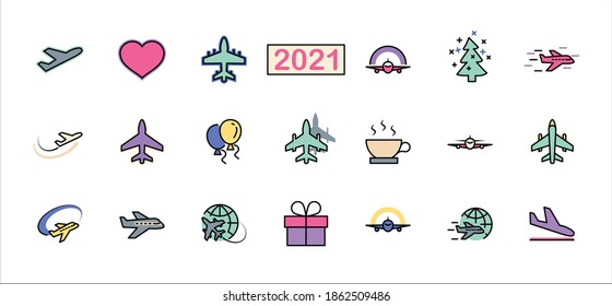 Set of Plane vector line icon. It contains symbols to aircraft, globe and more. Editable Stroke. 32x32 pixels.