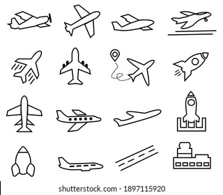 Set of Plane Vector Line icon, plane, rocket symbol illustration. editable stroke