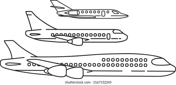 Set of Plane vector line icon. private jet, midsize jet and jumbo jet