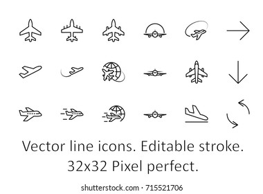 Set of plane vector line icon. It contains symbols to aircraft, globe and more. Editable move. 32x32 pixels.