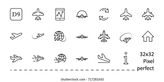 Set of plane vector line icon. It contains symbols to aircraft, globe and more. Editable move. 32x32 pixels.