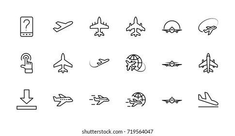 Set of plane vector line icon. It contains symbols to aircraft, globe and more. Editable move. 32x32 pixels.