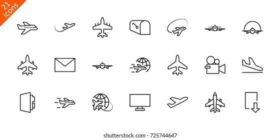 Set of plane vector line icon. It contains symbols to aircraft, globe and more. Editable move. 