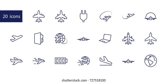 Set of plane vector line icon. It contains symbols to aircraft, globe and more. Editable move. 32x32 pixels.