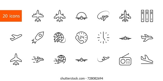 Set of plane vector line icon. It contains symbols to aircraft, globe and more. Editable move. 32x32 pixels.
