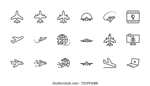 Set of plane vector line icon. It contains symbols to aircraft, globe and more. Editable move. 32x32 pixels.