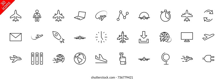 Set of plane vector line icon. It contains symbols to aircraft, globe and more. Editable move. 32x32 pixels.