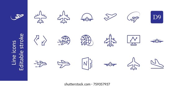 Set of plane vector line icon. It contains symbols to aircraft, globe and more. Editable move. 32x32 pixels.