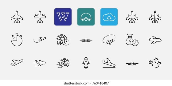 Set of plane vector line icon. It contains symbols to aircraft, globe and more. Editable move. 32x32 pixels.