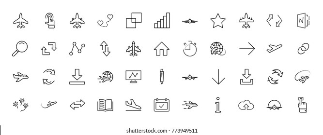 Set of plane vector line icon. It contains symbols to aircraft, globe and more. Editable move. 32x32 pixels.