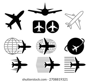 Set of plane vector line icons and globe Editable	