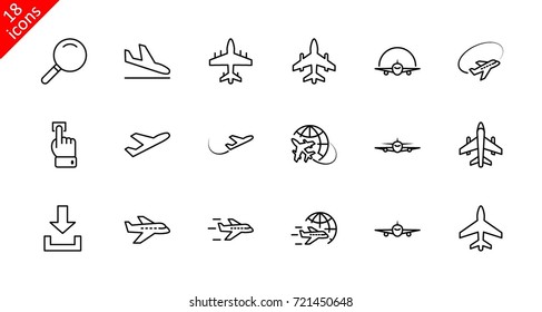 Set of Plane Vector Line Icons. It contains symbols to Aircraft, Globe, Plane Icon, Search, Click, Arrow and more. Editable Stroke. 32x32 pixels.