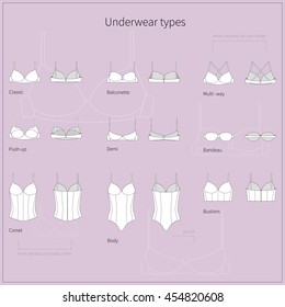 Set of plane white simple women`s underwear in front and back views. Vector illustration.
