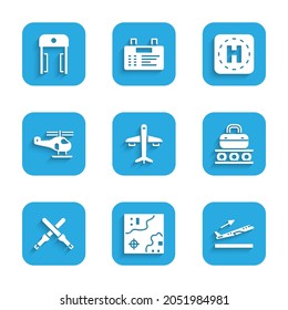 Set Plane, World travel map, takeoff, Conveyor belt with suitcase, Marshalling wands, Helicopter, landing pad and Metal detector airport icon. Vector