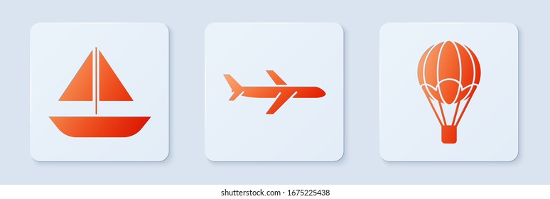 Set Plane, Yacht sailboat or sailing ship and Hot air balloon. White square button. Vector