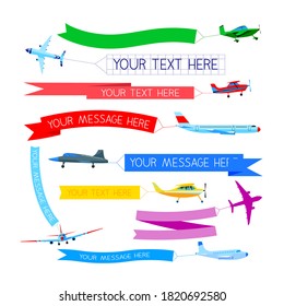 Set of Planes with Banners. Airplanes or Aircraft with Blank Message Advertisement and Text Template for Ad. Aeroplane, Airliner Advertising in Sky Isolated on Background. Cartoon Vector Illustration