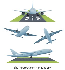 Set of planes in different views and runway. Vector
