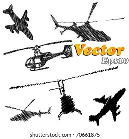 set of planes and helicopters painted strokes. design elements are drawn by hand