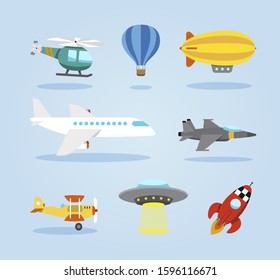 Set of planes and other flying vehicles. Airliner, plane, helicopter, blimp, fighter bomber, UFO, Space rocket. Vector illustration in Cartoon style, for kids
