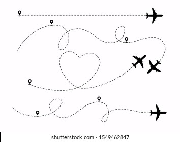 Set of planes path with location pins vector illustration. Heart dashed line trace and plane routes. 