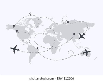 Set of planes path with location pins vector illustration. Map  a background. Heart dashed line trace and plane routes.