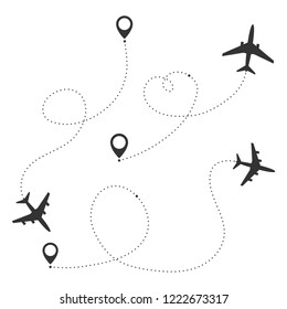 Set of Planes with start points and dash route line. Vector silhouette illustration of airplane travel