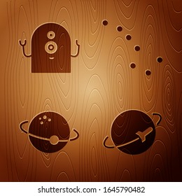 Set Planet, Alien, Planet and Great Bear constellation on wooden background. Vector