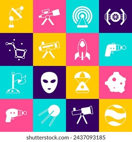Planeta, asteroide, pistola de rayos, radar, telescopio, constelación del Gran Oso, antena parabólica e icono de nave cohete. Vector