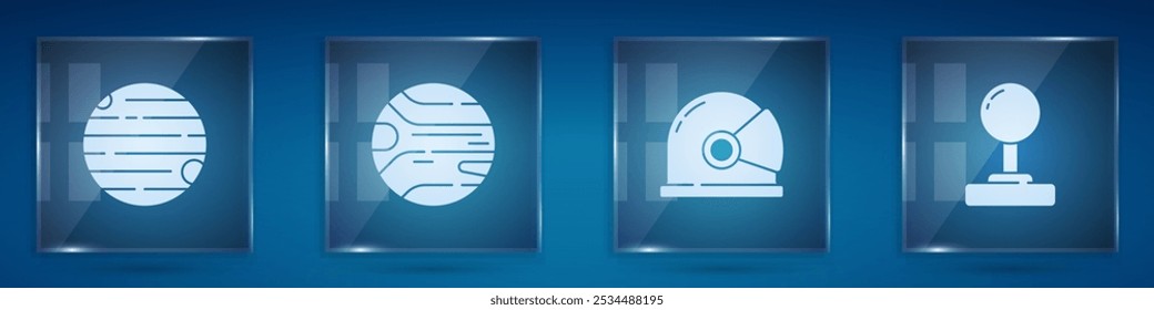 Set Planet, , Astronaut helmet and Joystick. Square glass panels. Vector