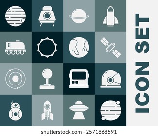 Set Planet, Astronaut helmet, Satellite, Saturn, Sun, Mars rover,  and Earth globe icon. Vector