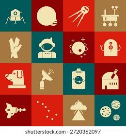 Set Planet, Astronomical observatory, Alien, Satellite, Astronaut, Vulcan salute, Mars rover e icon. Vetor