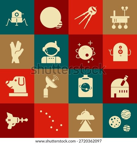 Set Planet, Astronomical observatory, Alien, Satellite, Astronaut, Vulcan salute, Mars rover and  icon. Vector