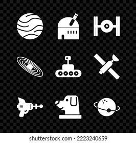 Planeta, observatorio astronómico, barco cósmico, arma de rayos, perro con casco astronauta e icono del rompeolas de Marte. Vector