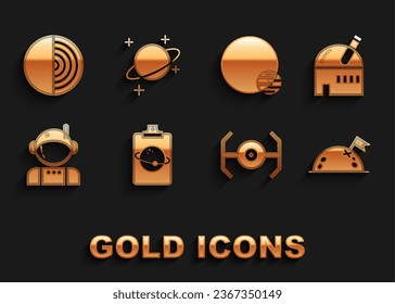 Set Planet, Astronomical observatory, with flag, Cosmic ship, Astronaut, Earth structure and  icon. Vector