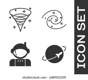 Set Planet, Black hole, Astronaut and Black hole icon. Vector