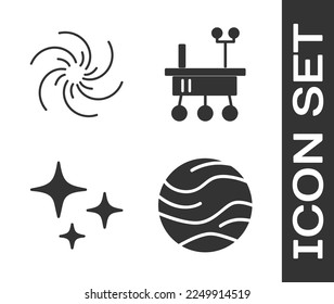 Set Planet, Black hole, Falling star and Mars rover icon. Vector