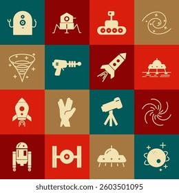 Set Planet, Black hole, Mars rover, Ray gun, Alien and Rocket ship with fire icon. Vector