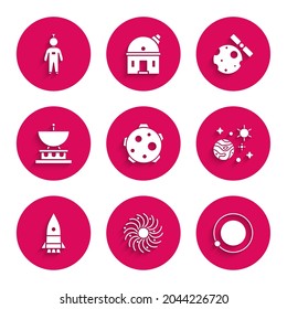 Set Planet, Black hole, Satellites orbiting the planet Earth, Space and, Rocket ship, dish,  and Astronaut icon. Vector